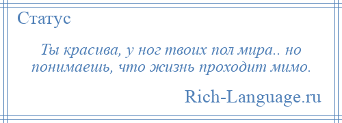 
    Ты красива, у ног твоих пол мира.. но понимаешь, что жизнь проходит мимо.