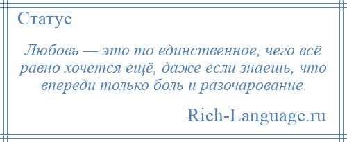 
    Любовь — это то единственное, чего всё равно хочется ещё, даже если знаешь, что впереди только боль и разочарование.