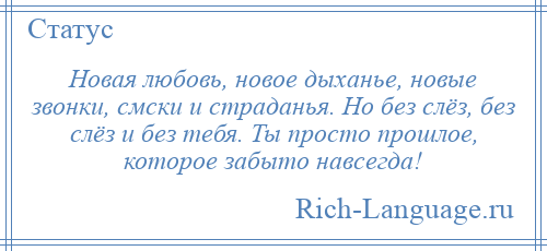 
    Новая любовь, новое дыханье, новые звонки, смски и страданья. Но без слёз, без слёз и без тебя. Ты просто прошлое, которое забыто навсегда!