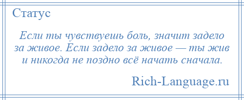
    Если ты чувствуешь боль, значит задело за живое. Если задело за живое — ты жив и никогда не поздно всё начать сначала.