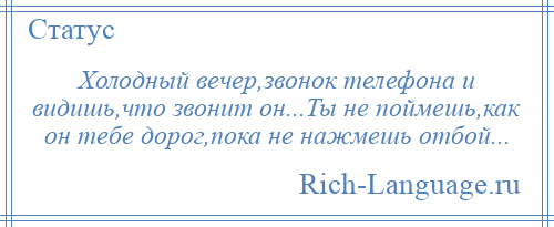 
    Холодный вечер,звонок телефона и видишь,что звонит он...Ты не поймешь,как он тебе дорог,пока не нажмешь отбой...