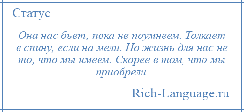 
    Она нас бьет, пока не поумнеем. Толкает в спину, если на мели. Но жизнь для нас не то, что мы имеем. Скорее в том, что мы приобрели.