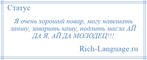 
    Я очень хороший повар, могу навешать лапшу, заварить кашу, подлить масла АЙ ДА Я, АЙ ДА МОЛОДЕЦ!!!