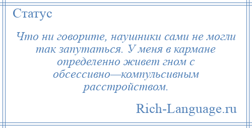 
    Что ни говорите, наушники сами не могли так запутаться. У меня в кармане определенно живет гном с обсессивно—компульсивным расстройством.