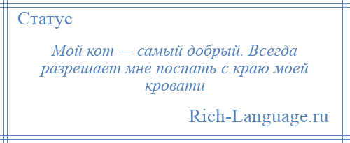 
    Мой кот — самый добрый. Всегда разрешает мне поспать с краю моей кровати