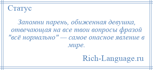 
    Запомни парень, обиженная девушка, отвечающая на все твои вопросы фразой всё нормально — самое опасное явление в мире.