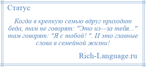 
    Когда в крепкую семью вдруг приходит беда, там не говорят: Это из—за тебя... там говорят: Я с тобой! . И это главные слова в семейной жизни!