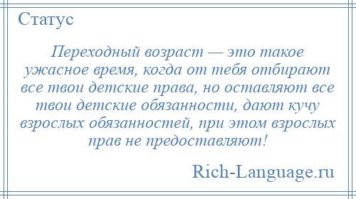 
    Переходный возраст — это такое ужасное время, когда от тебя отбирают все твои детские права, но оставляют все твои детские обязанности, дают кучу взрослых обязанностей, при этом взрослых прав не предоставляют!