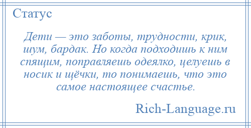 
    Дети — это заботы, трудности, крик, шум, бардак. Но когда подходишь к ним спящим, поправляешь одеялко, целуешь в носик и щёчки, то понимаешь, что это самое настоящее счастье.