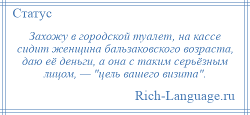 
    Захожу в городской туалет, на кассе сидит женщина бальзаковского возраста, даю её деньги, а она с таким серьёзным лицом, — цель вашего визита .