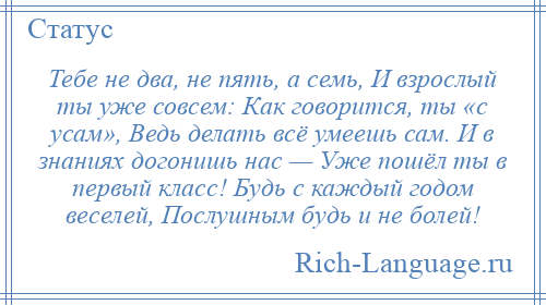 
    Тебе не два, не пять, а семь, И взрослый ты уже совсем: Как говорится, ты «с усам», Ведь делать всё умеешь сам. И в знаниях догонишь нас — Уже пошёл ты в первый класс! Будь с каждый годом веселей, Послушным будь и не болей!