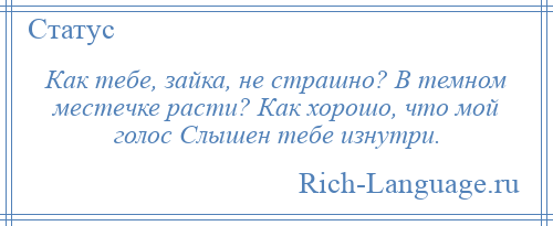 
    Как тебе, зайка, не страшно? В темном местечке расти? Как хорошо, что мой голос Слышен тебе изнутри.