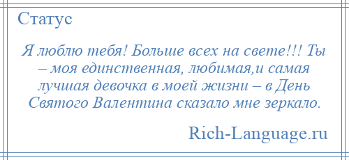 
    Я люблю тебя! Больше всех на свете!!! Ты – моя единственная, любимая,и самая лучшая девочка в моей жизни – в День Святого Валентина сказало мне зеркало.