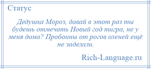 
    Дедушка Мороз, давай в этот раз ты будешь отмечать Новый год тигра, не у меня дома? Пробоины от рогов оленей ещё не заделали.