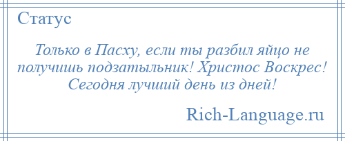 
    Только в Пасху, если ты разбил яйцо не получишь подзатыльник! Христос Воскрес! Сегодня лучший день из дней!
