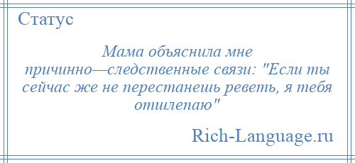 
    Мама объяснила мне причинно—следственные связи: Если ты сейчас же не перестанешь реветь, я тебя отшлепаю 