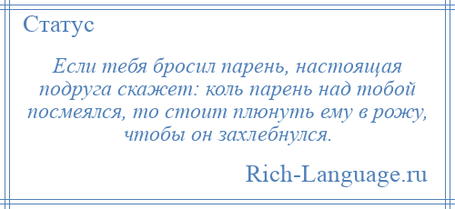 
    Если тебя бросил парень, настоящая подруга скажет: коль парень над тобой посмеялся, то стоит плюнуть ему в рожу, чтобы он захлебнулся.