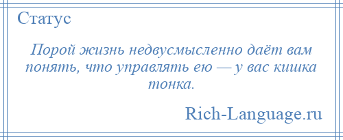 
    Порой жизнь недвусмысленно даёт вам понять, что управлять ею — у вас кишка тонка.