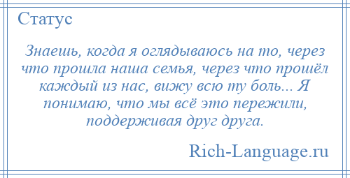
    Знаешь, когда я оглядываюсь на то, через что прошла наша семья, через что прошёл каждый из нас, вижу всю ту боль... Я понимаю, что мы всё это пережили, поддерживая друг друга.