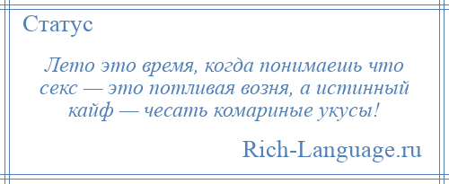 
    Лето это время, когда понимаешь что секс — это потливая возня, а истинный кайф — чесать комариные укусы!