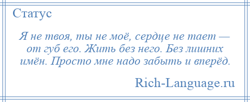 
    Я не твоя, ты не моё, сердце не тает — от губ его. Жить без него. Без лишних имён. Просто мне надо забыть и вперёд.