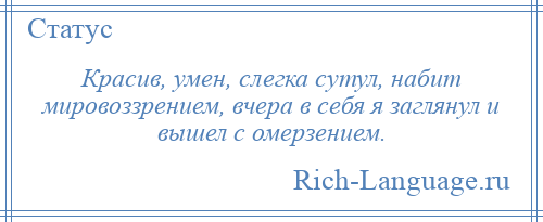 
    Красив, умен, слегка сутул, набит мировоззрением, вчера в себя я заглянул и вышел с омерзением.