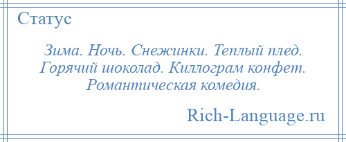 
    Зима. Ночь. Снежинки. Теплый плед. Горячий шоколад. Киллограм конфет. Романтическая комедия.