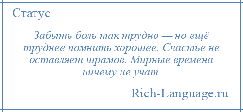 
    Забыть боль так трудно — но ещё труднее помнить хорошее. Счастье не оставляет шрамов. Мирные времена ничему не учат.