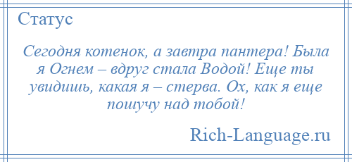 
    Сегодня котенок, а завтра пантера! Была я Огнем – вдруг стала Водой! Еще ты увидишь, какая я – стерва. Ох, как я еще пошучу над тобой!