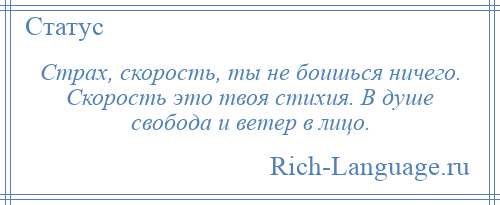 
    Страх, скорость, ты не боишься ничего. Скорость это твоя стихия. В душе свобода и ветер в лицо.