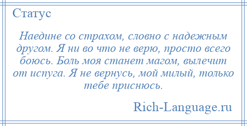 
    Наедине со страхом, словно с надежным другом. Я ни во что не верю, просто всего боюсь. Боль моя станет магом, вылечит от испуга. Я не вернусь, мой милый, только тебе приснюсь.