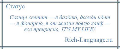 
    Солнце светит — я балдею, дождь идет — я фонарею, я от жизни ловлю кайф — все прекрасно, IT'S MY LIFE!