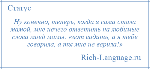 
    Ну конечно, теперь, когда я сама стала мамой, мне нечего ответить на любимые слова моей мамы: «вот видишь, а я тебе говорила, а ты мне не верила!»