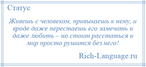 
    Живешь с человеком, привыкаешь к нему, и вроде даже перестаешь его замечать и даже любить – но стоит расстаться и мир просто рушится без него!