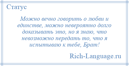 
    Можно вечно говорить о любви и единстве, можно невероятно долго доказывать это, но я знаю, что невозможно передать то, что я испытываю к тебе, Брат!