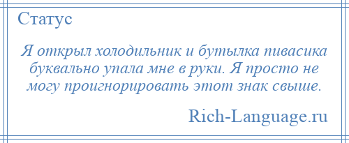 
    Я открыл холодильник и бутылка пивасика буквально упала мне в руки. Я просто не могу проигнорировать этот знак свыше.