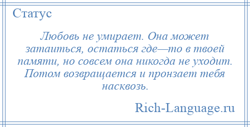 
    Любовь не умирает. Она может затаиться, остаться где—то в твоей памяти, но совсем она никогда не уходит. Потом возвращается и пронзает тебя насквозь.