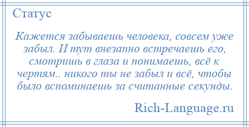 
    Кажется забываешь человека, совсем уже забыл. И тут внезапно встречаешь его, смотришь в глаза и понимаешь, всё к чертям.. никого ты не забыл и всё, чтобы было вспоминаешь за считанные секунды.