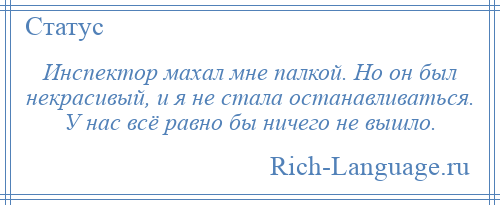 
    Инспектор махал мне палкой. Но он был некрасивый, и я не стала останавливаться. У нас всё равно бы ничего не вышло.