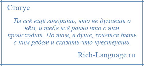 
    Ты всё ещё говоришь, что не думаешь о нём, и тебе всё равно что с ним происходит. Но там, в душе, хочется быть с ним рядом и сказать что чувствуешь.