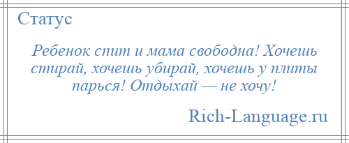 
    Ребенок спит и мама свободна! Хочешь стирай, хочешь убирай, хочешь у плиты парься! Отдыхай — не хочу!