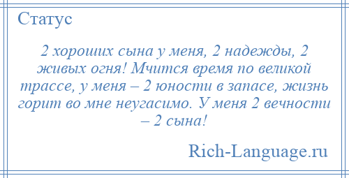 
    2 хороших сына у меня, 2 надежды, 2 живых огня! Мчится время по великой трассе, у меня – 2 юности в запасе, жизнь горит во мне неугасимо. У меня 2 вечности – 2 сына!