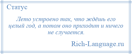 
    Лето устроено так, что ждёшь его целый год, а потом оно приходит и ничего не случается.