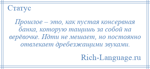 
    Прошлое – это, как пустая консервная банка, которую тащишь за собой на верёвочке. Идти не мешает, но постоянно отвлекает дребезжащими звуками.