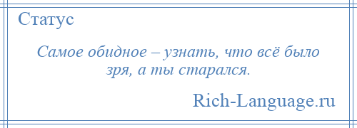 
    Самое обидное – узнать, что всё было зря, а ты старался.