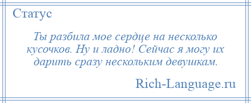 
    Ты разбила мое сердце на несколько кусочков. Ну и ладно! Сейчас я могу их дарить сразу нескольким девушкам.