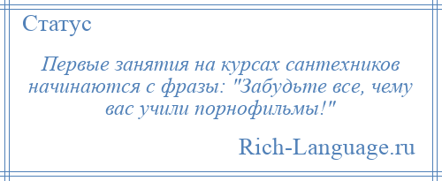 
    Первые занятия на курсах сантехников начинаются с фразы: Забудьте все, чему вас учили порнофильмы! 