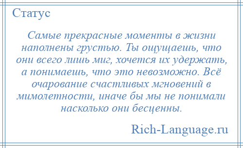 
    Самые прекрасные моменты в жизни наполнены грустью. Ты ощущаешь, что они всего лишь миг, хочется их удержать, а понимаешь, что это невозможно. Всё очарование счастливых мгновений в мимолетности, иначе бы мы не понимали насколько они бесценны.