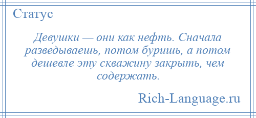 
    Девушки — они как нефть. Сначала разведываешь, потом буришь, а потом дешевле эту скважину закрыть, чем содержать.