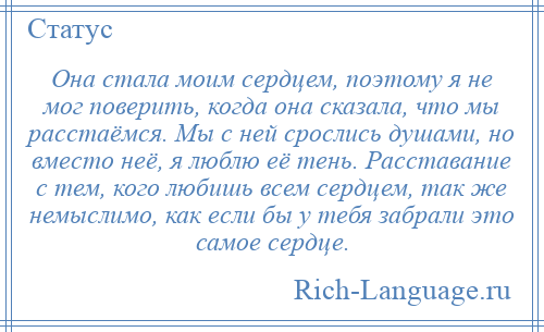 
    Она стала моим сердцем, поэтому я не мог поверить, когда она сказала, что мы расстаёмся. Мы с ней срослись душами, но вместо неё, я люблю её тень. Расставание с тем, кого любишь всем сердцем, так же немыслимо, как если бы у тебя забрали это самое сердце.